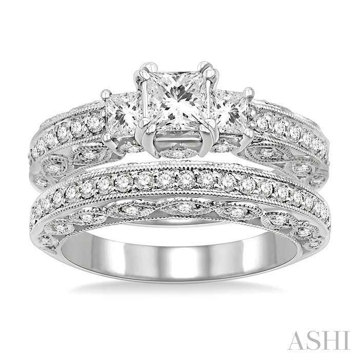 1 5/8 Ctw Diamond Wedding Set with 1 1/4 Ctw Princess Cut Engagement Ring and 3/8 Ctw Wedding Band in 14K White Gold