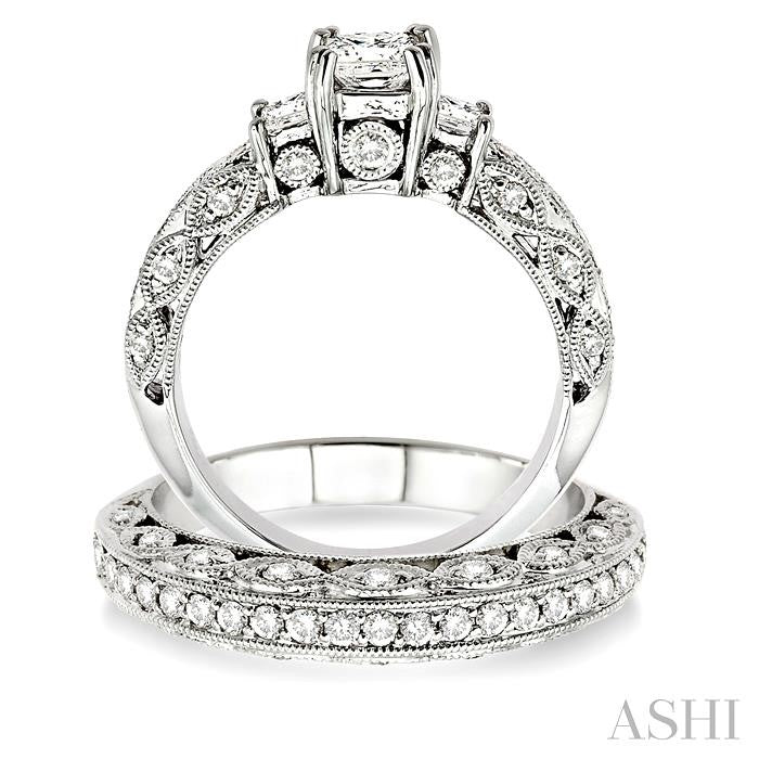 1 5/8 ctw Diamond Wedding Set with 1 1/4 ctw Princess Cut Engagement Ring and 3/8 ctw Wedding Band in 14K White Gold