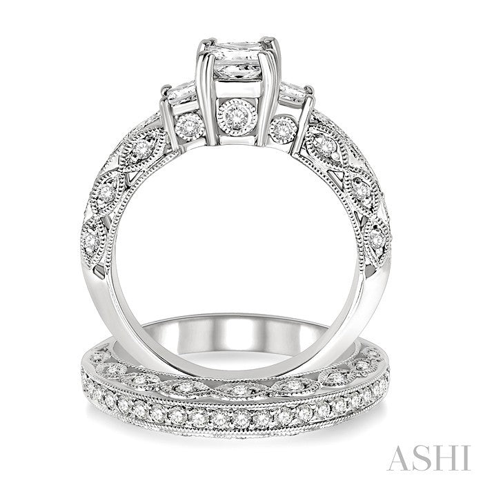 1 5/8 Ctw Diamond Wedding Set with 1 1/4 Ctw Princess Cut Engagement Ring and 3/8 Ctw Wedding Band in 14K White Gold