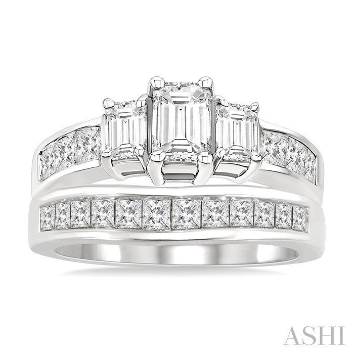 1 1/2 Ctw Diamond Wedding Set with 1 Ctw Emerald and Princess Cut Engagement Ring and 1/2 Ctw Wedding Band in 14K White Gold