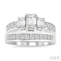 1 1/2 Ctw Diamond Wedding Set with 1 Ctw Emerald and Princess Cut Engagement Ring and 1/2 Ctw Wedding Band in 14K White Gold