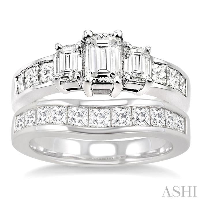 2 1/2 Ctw Diamond Wedding Set with 1 1/2 Ctw Emerald and Princess Cut Engagement Ring and 1 Ctw Wedding Band in 14K White Gold