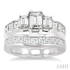 2 1/2 Ctw Diamond Wedding Set with 1 1/2 Ctw Emerald and Princess Cut Engagement Ring and 1 Ctw Wedding Band in 14K White Gold