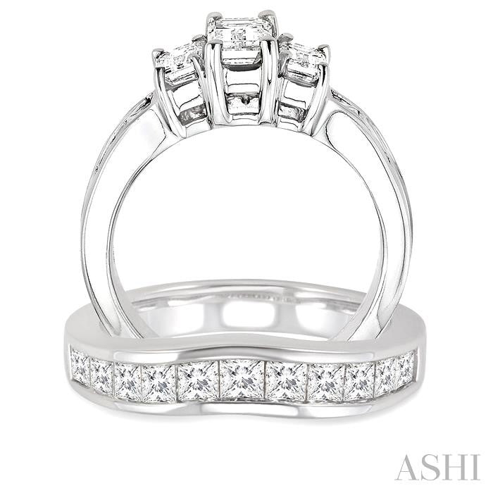 2 1/2 Ctw Diamond Wedding Set with 1 1/2 Ctw Emerald and Princess Cut Engagement Ring and 1 Ctw Wedding Band in 14K White Gold
