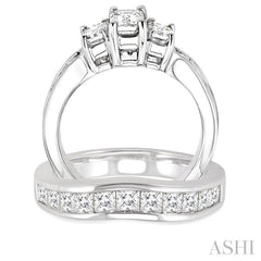 2 1/2 Ctw Diamond Wedding Set with 1 1/2 Ctw Emerald and Princess Cut Engagement Ring and 1 Ctw Wedding Band in 14K White Gold
