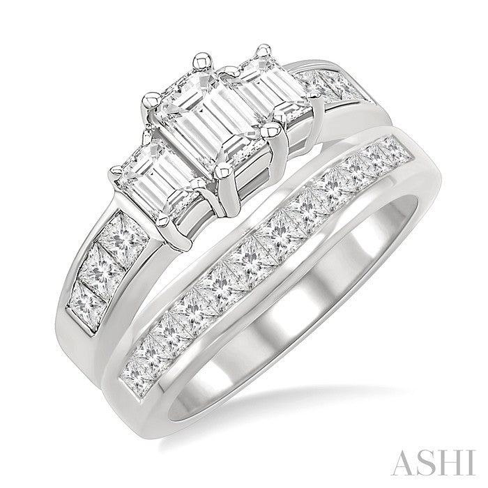 3 Ctw Diamond Wedding Set with 2 Ctw Emerald and Princess Cut Engagement Ring and 1 Ctw Wedding Band in 14K White Gold