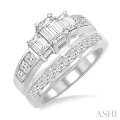 3 Ctw Diamond Wedding Set with 2 Ctw Emerald and Princess Cut Engagement Ring and 1 Ctw Wedding Band in 14K White Gold