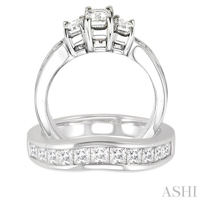 3 Ctw Diamond Wedding Set with 2 Ctw Emerald and Princess Cut Engagement Ring and 1 Ctw Wedding Band in 14K White Gold