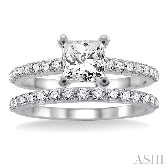 1 1/4 Ctw Diamond Wedding Set with 1 Ctw Princess Cut Engagement Ring and 1/3 Ctw Wedding Band in 14K White Gold