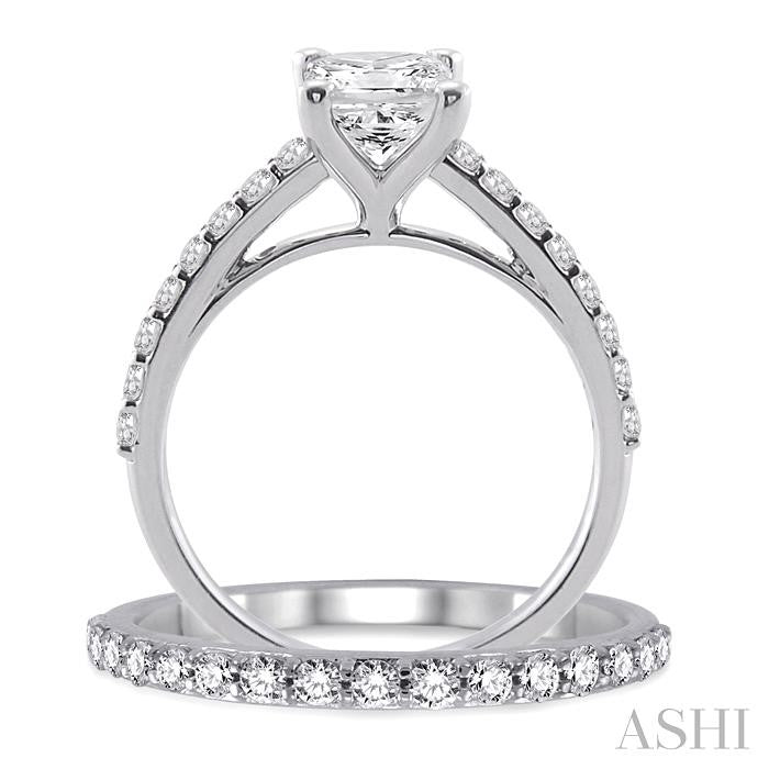 1 1/4 Ctw Diamond Wedding Set with 1 Ctw Princess Cut Engagement Ring and 1/3 Ctw Wedding Band in 14K White Gold