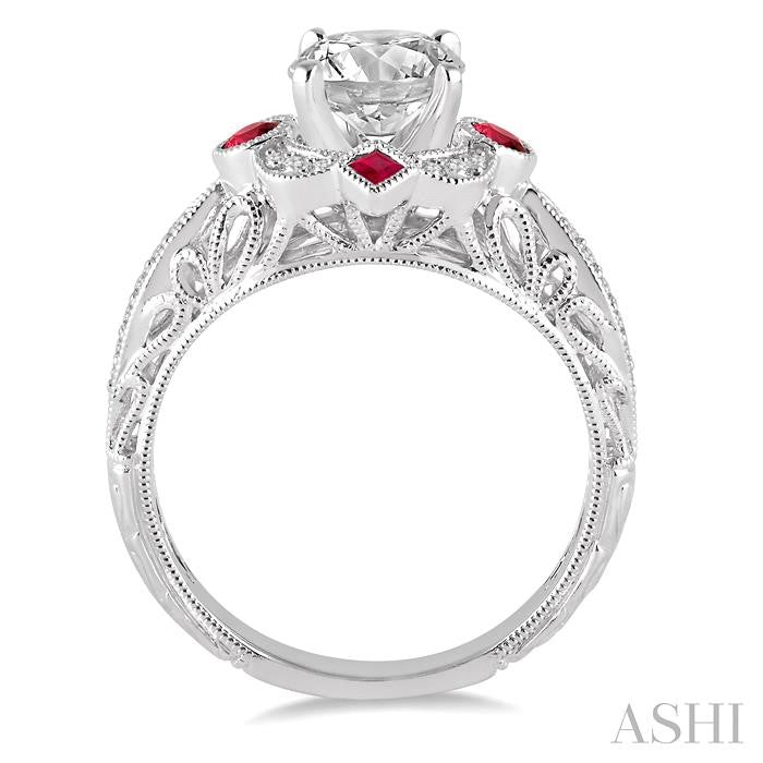 2x2 MM Princess Cut Ruby, 2.5 MM Round Cut Ruby and 1/6 Ctw Round Cut Diamond Semi-Mount Engagement Ring in 14K White Gold