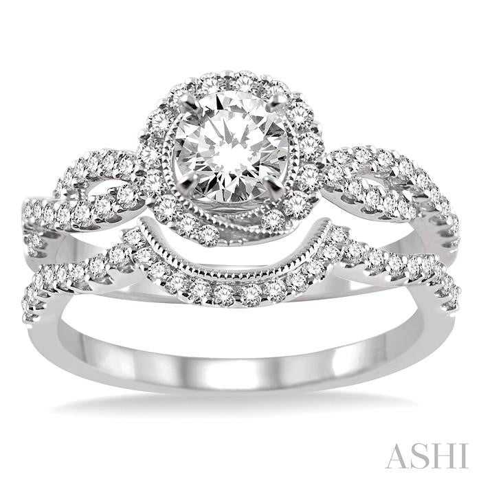3/4 Ctw Diamond Wedding Set with 5/8 Ctw Round Cut Engagement Ring and 1/6 Ctw Wedding Band in 14K White Gold
