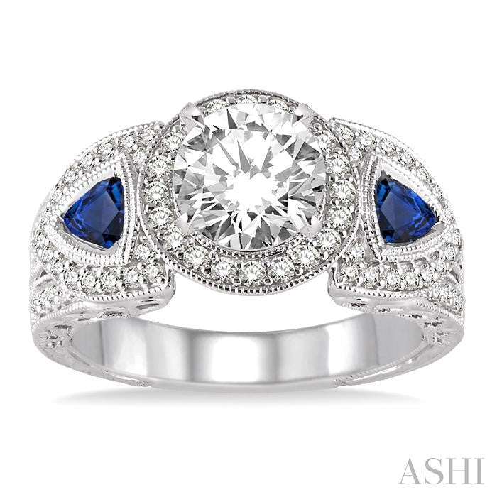 4x4 MM Trillion Cut Sapphire and 1/2 Ctw Round Cut Diamond Semi-mount Engagement Ring in 14K White Gold