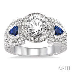 4x4 MM Trillion Cut Sapphire and 1/2 Ctw Round Cut Diamond Semi-mount Engagement Ring in 14K White Gold
