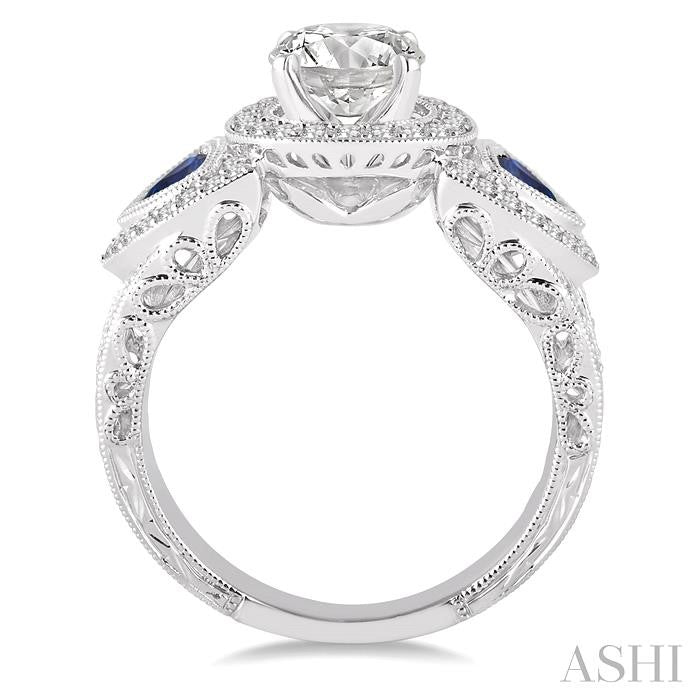 4x4 MM Trillion Cut Sapphire and 1/2 Ctw Round Cut Diamond Semi-Mount Engagement Ring in 14K White Gold