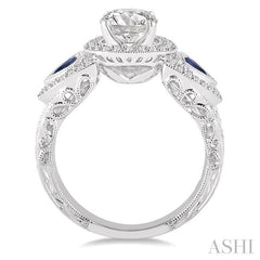 4x4 MM Trillion Cut Sapphire and 1/2 Ctw Round Cut Diamond Semi-Mount Engagement Ring in 14K White Gold