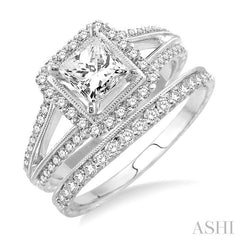 1 3/8 Ctw Diamond Wedding Set with 1 1/6 Ctw Princess Cut Engagement Ring and 1/4 Ctw Wedding Band in 14K White Gold