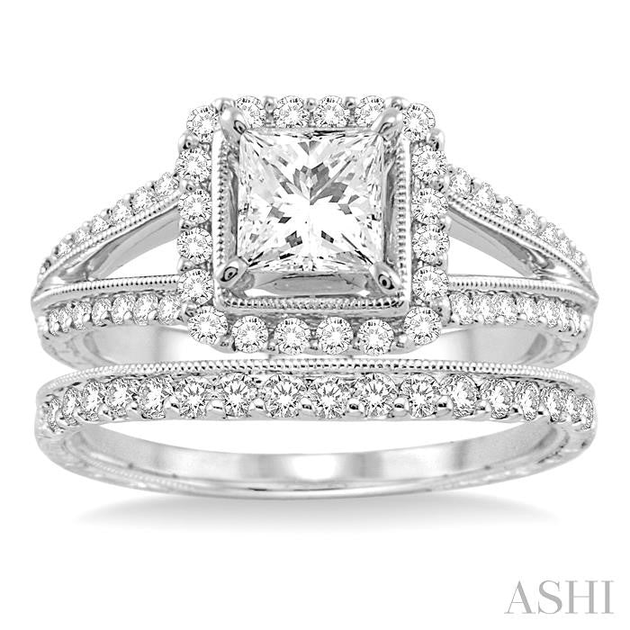 1 3/8 Ctw Diamond Wedding Set with 1 1/6 Ctw Princess Cut Engagement Ring and 1/4 Ctw Wedding Band in 14K White Gold