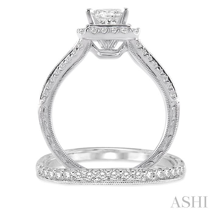 1 3/8 Ctw Diamond Wedding Set with 1 1/6 Ctw Princess Cut Engagement Ring and 1/4 Ctw Wedding Band in 14K White Gold