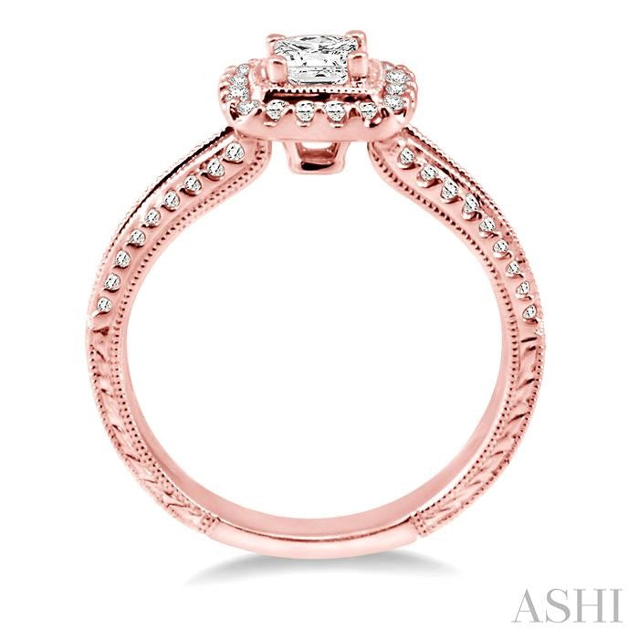 3/4 Ctw Diamond Engagement Ring with 1/3 Ct Princess Cut Center Stone in 14K Rose Gold