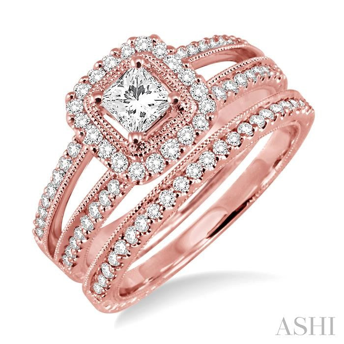 7/8 Ctw Diamond Wedding Set with 3/4 Ctw Princess Cut Engagement Ring and 1/6 Ctw Wedding Band in 14K Rose Gold