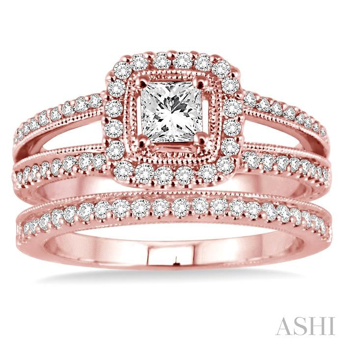 7/8 Ctw Diamond Wedding Set with 3/4 Ctw Princess Cut Engagement Ring and 1/6 Ctw Wedding Band in 14K Rose Gold