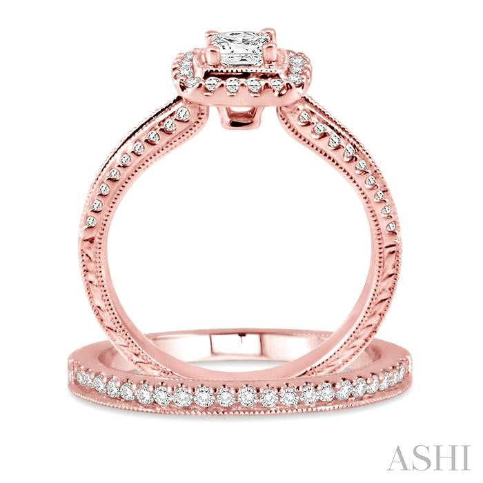 7/8 Ctw Diamond Wedding Set with 3/4 Ctw Princess Cut Engagement Ring and 1/6 Ctw Wedding Band in 14K Rose Gold