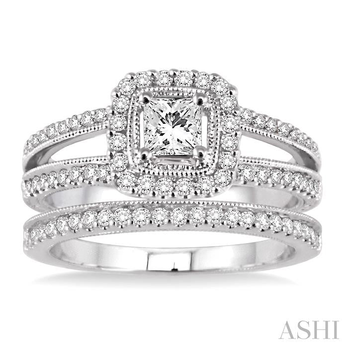7/8 Ctw Diamond Wedding Set with 3/4 Ctw Princess Cut Engagement Ring and 1/6 Ctw Wedding Band in 14K White Gold