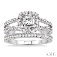 7/8 Ctw Diamond Wedding Set with 3/4 Ctw Princess Cut Engagement Ring and 1/6 Ctw Wedding Band in 14K White Gold