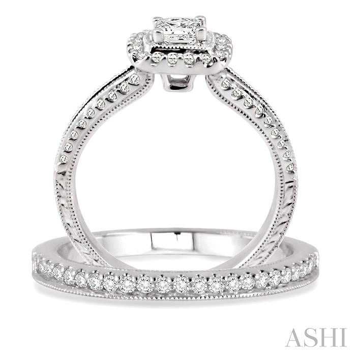 7/8 Ctw Diamond Wedding Set with 3/4 Ctw Princess Cut Engagement Ring and 1/6 Ctw Wedding Band in 14K White Gold