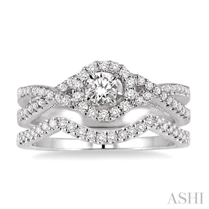 3/4 Ctw Diamond Wedding Set with 1/2 Ctw Round Cut Engagement Ring and 1/6 Ctw Wedding Band in 14K White Gold