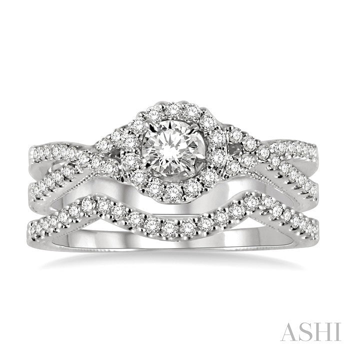 3/4 Ctw Diamond Wedding Set with 1/2 Ctw Round Cut Engagement Ring and 1/6 Ctw Wedding Band in 14K White Gold
