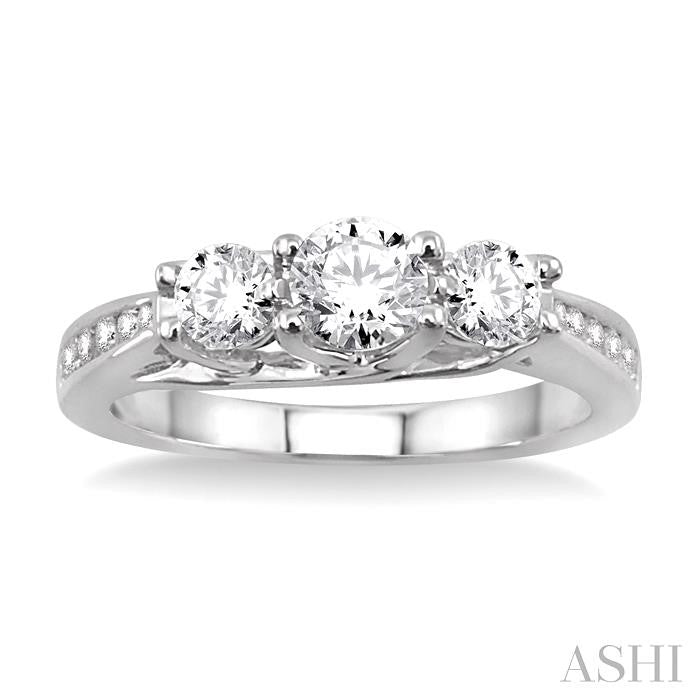 1 ctw Diamond Engagement Ring with 3/8 ct Round Cut Center Stone in 14K White Gold