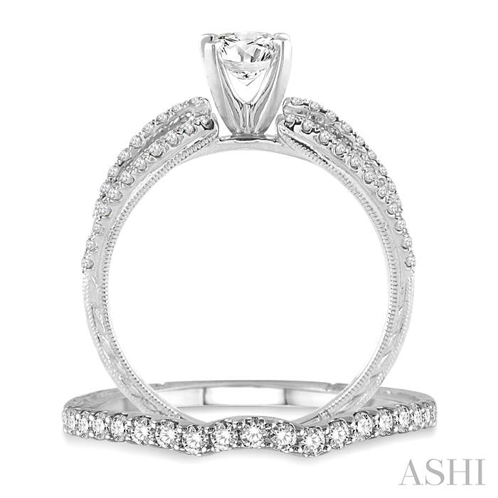 1 1/10 Ctw Diamond Wedding Set with 7/8 Ctw Round Cut Engagement Ring and 1/4 Ctw Wedding Band in 14K White Gold