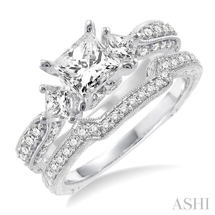 1 5/8 ctw Diamond Wedding Set with 1 1/2 ctw Princess Cut Engagement Ring and 1/5 ctw Wedding Band in 14K White Gold