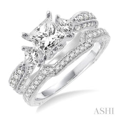 1 5/8 ctw Diamond Wedding Set with 1 1/2 ctw Princess Cut Engagement Ring and 1/5 ctw Wedding Band in 14K White Gold