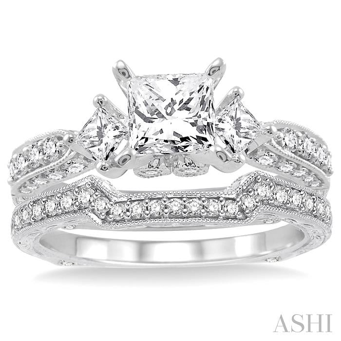 1 5/8 ctw Diamond Wedding Set with 1 1/2 ctw Princess Cut Engagement Ring and 1/5 ctw Wedding Band in 14K White Gold
