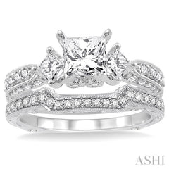 1 5/8 ctw Diamond Wedding Set with 1 1/2 ctw Princess Cut Engagement Ring and 1/5 ctw Wedding Band in 14K White Gold