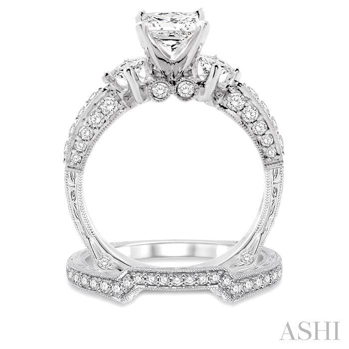 1 5/8 ctw Diamond Wedding Set with 1 1/2 ctw Princess Cut Engagement Ring and 1/5 ctw Wedding Band in 14K White Gold