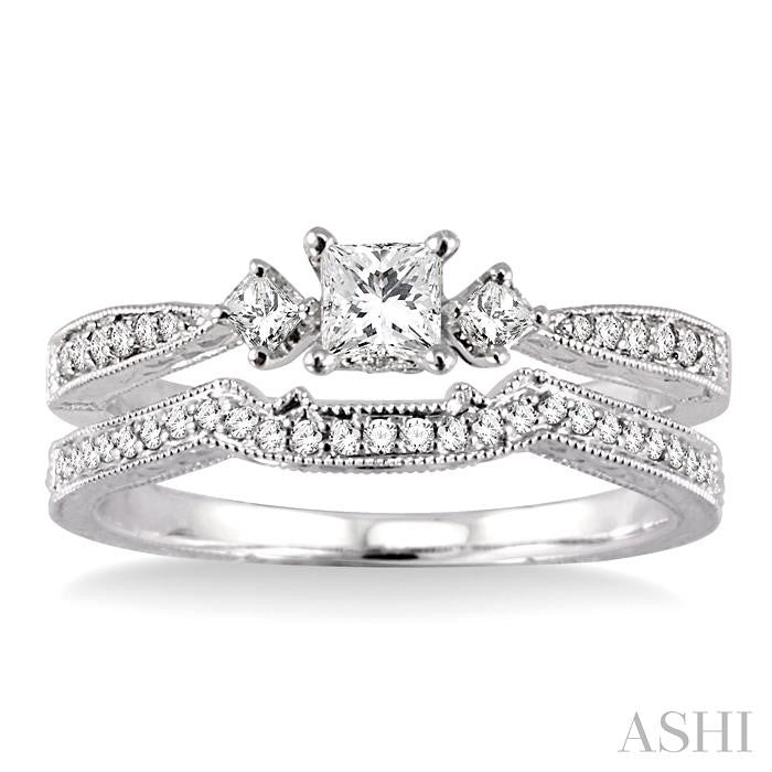 1/2 ctw Diamond Wedding Set with 3/8 ctw Princess Cut Engagement Ring and 1/10 ctw Wedding Band in 14K White Gold