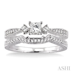 1/2 ctw Diamond Wedding Set with 3/8 ctw Princess Cut Engagement Ring and 1/10 ctw Wedding Band in 14K White Gold