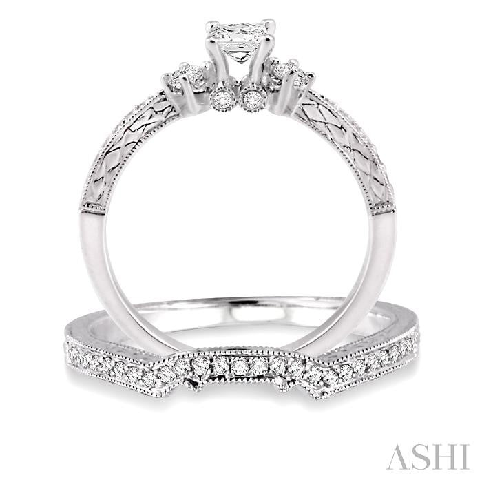 1/2 ctw Diamond Wedding Set with 3/8 ctw Princess Cut Engagement Ring and 1/10 ctw Wedding Band in 14K White Gold
