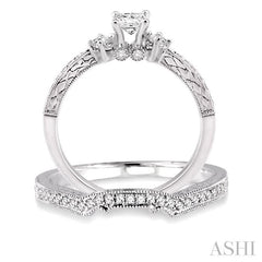 1/2 ctw Diamond Wedding Set with 3/8 ctw Princess Cut Engagement Ring and 1/10 ctw Wedding Band in 14K White Gold