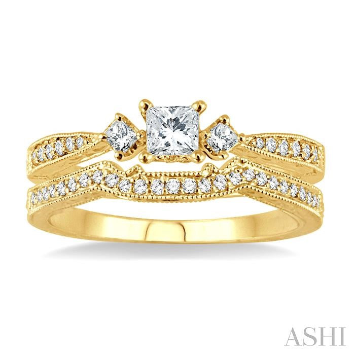 1/2 Ctw Diamond Wedding Set with 3/8 Ctw Princess Cut Engagement Ring and 1/10 Ctw Wedding Band in 14K Yellow Gold