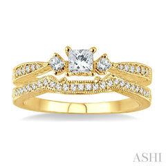 1/2 ctw Diamond Wedding Set with 3/8 ctw Princess Cut Engagement Ring and 1/10 ctw Wedding Band in 14K Yellow Gold