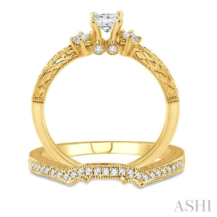 1/2 ctw Diamond Wedding Set with 3/8 ctw Princess Cut Engagement Ring and 1/10 ctw Wedding Band in 14K Yellow Gold