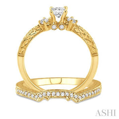 1/2 ctw Diamond Wedding Set with 3/8 ctw Princess Cut Engagement Ring and 1/10 ctw Wedding Band in 14K Yellow Gold