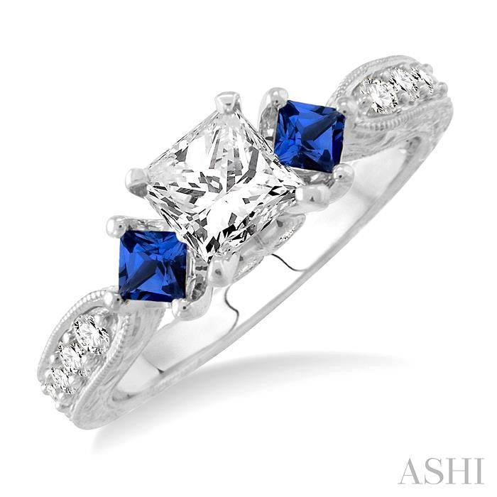 5/8 ctw Diamond and 2.9 MM Princess Cut Sapphire Engagement Precious Ring with 3/8 Ct Princess Cut Center Stone in 14K White Gold