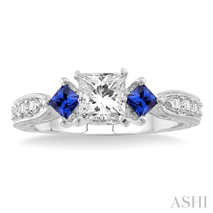 5/8 ctw Diamond and 2.9 MM Princess Cut Sapphire Engagement Precious Ring with 3/8 Ct Princess Cut Center Stone in 14K White Gold