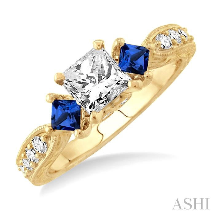 5/8 ctw Diamond and 2.9 MM Princess Cut Sapphire Engagement Precious Ring with 3/8 Ct Princess Cut Center Stone in 14K Yellow Gold